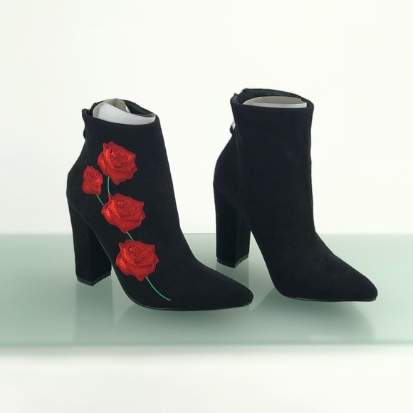 Cape Robbin | Shoes | Black Rose Heeled Boots Floral Zip Up Booties ...